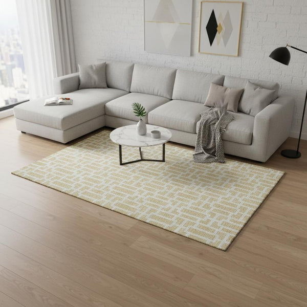 HomeRoots 10' X 14' Modern Wheat and Ivory Geometric Area Rug - Washable, UV Protected, Stain-Resistant Design 672869