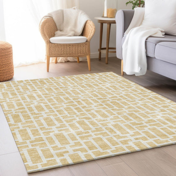 HomeRoots 10' X 14' Modern Wheat and Ivory Geometric Area Rug - Washable, UV Protected, Stain-Resistant Design 672869