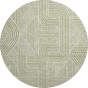 HomeRoots 8' Artichoke Green and Ivory Abstract Round Rug - Durable, Washable, UV Protected for Any Space 672872