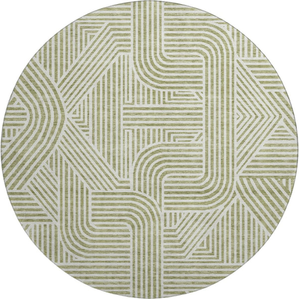 HomeRoots 8' Artichoke Green and Ivory Abstract Round Rug - Durable, Washable, UV Protected for Any Space 672872
