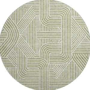 HomeRoots 8' Artichoke Green and Ivory Abstract Round Rug - Durable, Washable, UV Protected for Any Space 672872
