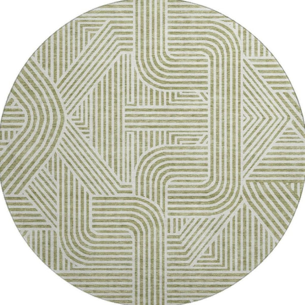 HomeRoots 8' Artichoke Green and Ivory Abstract Round Rug - Durable, Washable, UV Protected for Any Space 672872