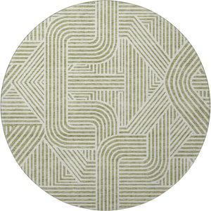 HomeRoots 8' Artichoke Green and Ivory Abstract Round Rug - Durable, Washable, UV Protected for Any Space 672872