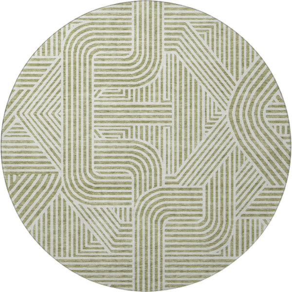 HomeRoots 8' Artichoke Green and Ivory Abstract Round Rug - Durable, Washable, UV Protected for Any Space 672872