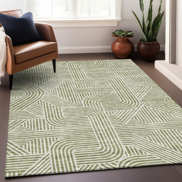 HomeRoots 8' X 10' Artichoke Green & Ivory Geometric Washable Area Rug with UV Protection for Busy Homes 672873