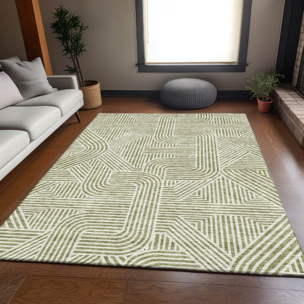 HomeRoots 8' X 10' Artichoke Green & Ivory Geometric Washable Area Rug with UV Protection for Busy Homes 672873