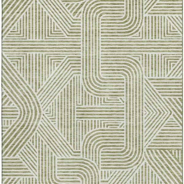 HomeRoots 8' X 10' Artichoke Green & Ivory Geometric Washable Area Rug with UV Protection for Busy Homes 672873
