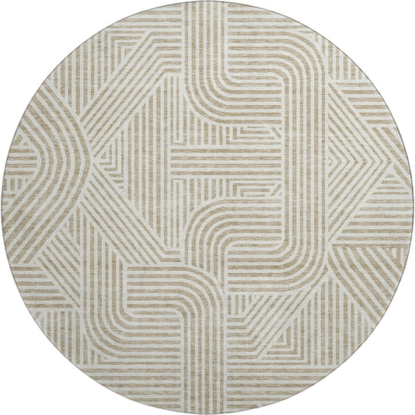 HomeRoots 8' Washable Beige and Ivory Abstract Geometric Round Rug with UV Protection for Busy Family Spaces 672878