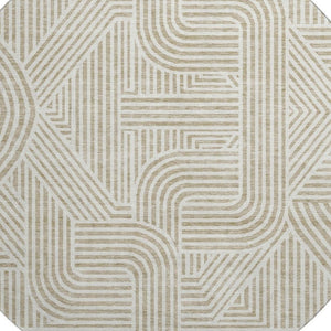 HomeRoots 8' Washable Beige and Ivory Abstract Geometric Round Rug with UV Protection for Busy Family Spaces 672878