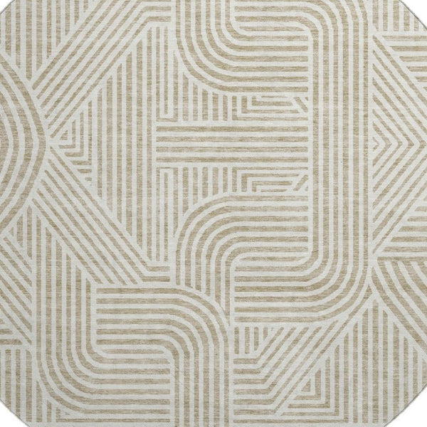 HomeRoots 8' Washable Beige and Ivory Abstract Geometric Round Rug with UV Protection for Busy Family Spaces 672878