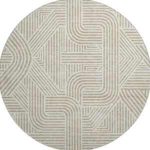 HomeRoots 8' Washable Beige and Ivory Abstract Geometric Round Rug with UV Protection for Busy Family Spaces 672878
