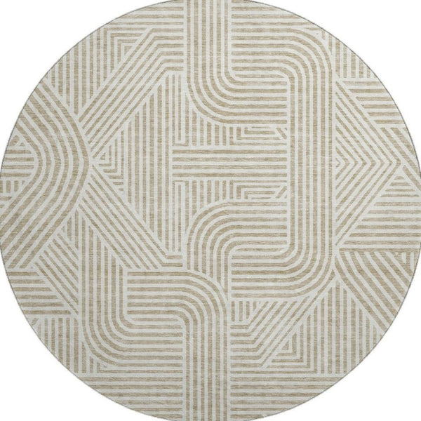 HomeRoots 8' Washable Beige and Ivory Abstract Geometric Round Rug with UV Protection for Busy Family Spaces 672878