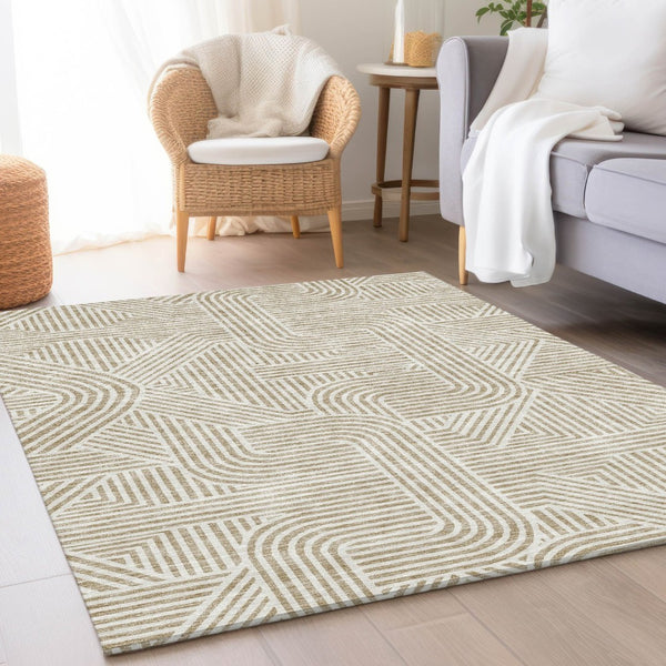 HomeRoots 10' X 14' Beige and Ivory Abstract Geometric Washable Area Rug - Stylish, Durable, UV Protected Home Essential 672881