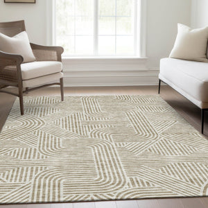 HomeRoots 10' X 14' Beige and Ivory Abstract Geometric Washable Area Rug - Stylish, Durable, UV Protected Home Essential 672881