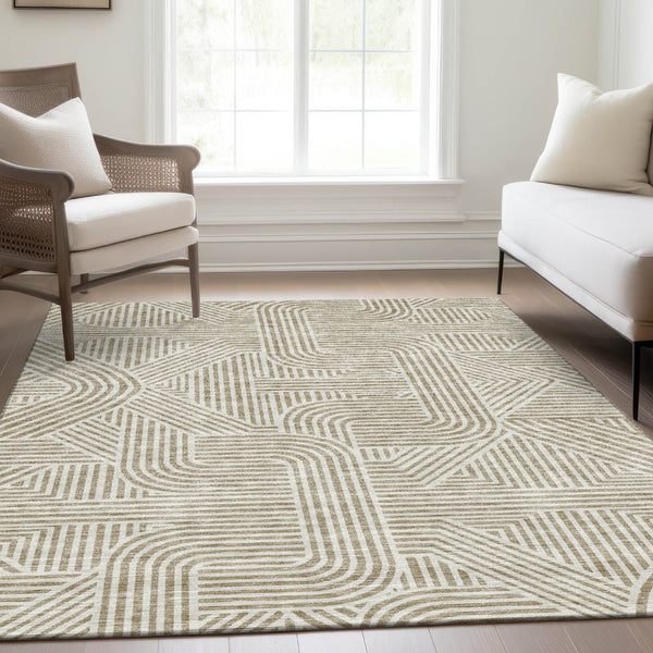 HomeRoots 10' X 14' Beige and Ivory Abstract Geometric Washable Area Rug - Stylish, Durable, UV Protected Home Essential 672881