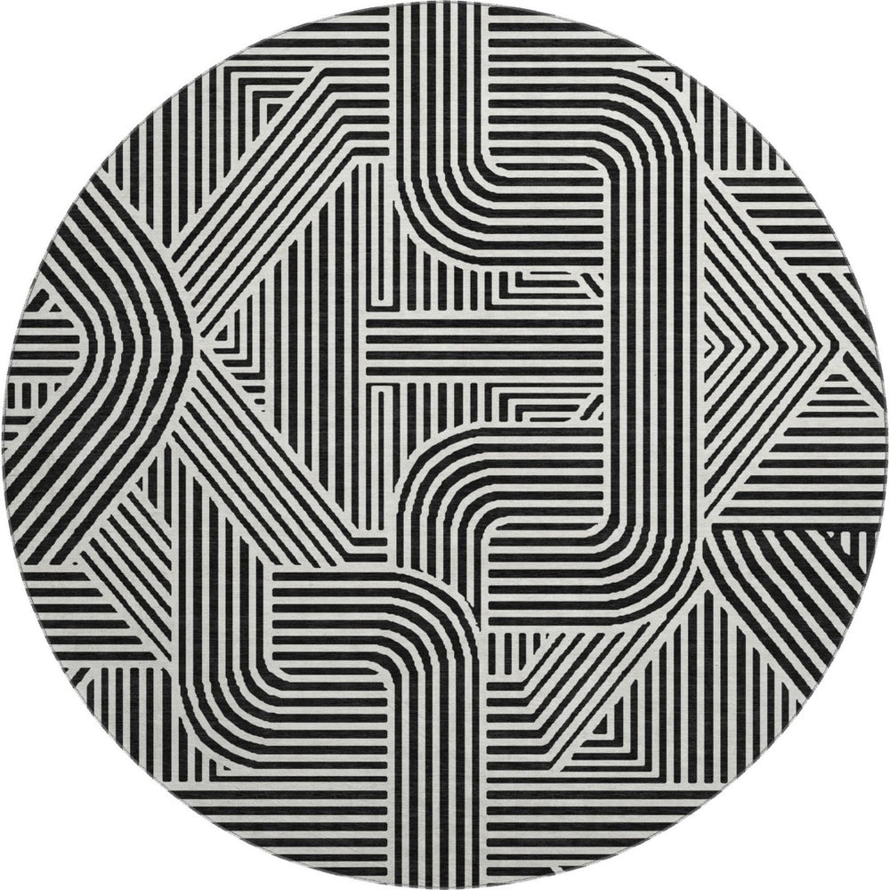HomeRoots 8' Black And Ivory Abstract Geometric Round Rug – Durable, Washable, UV-Protected for Modern Homes 672884