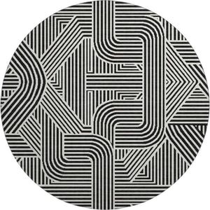 HomeRoots 8' Black And Ivory Abstract Geometric Round Rug – Durable, Washable, UV-Protected for Modern Homes 672884