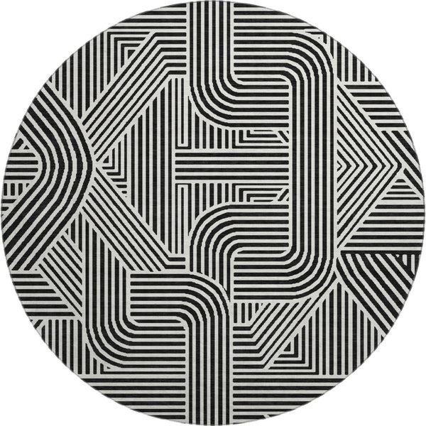 HomeRoots 8' Black And Ivory Abstract Geometric Round Rug – Durable, Washable, UV-Protected for Modern Homes 672884