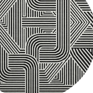 HomeRoots 8' Black And Ivory Abstract Geometric Round Rug – Durable, Washable, UV-Protected for Modern Homes 672884