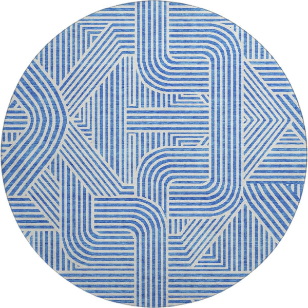 HomeRoots 8' Washable Round Rug in Blue and Ivory - Modern Abstract Design with UV Protection for Easy Care 672890