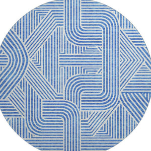 HomeRoots 8' Washable Round Rug in Blue and Ivory - Modern Abstract Design with UV Protection for Easy Care 672890