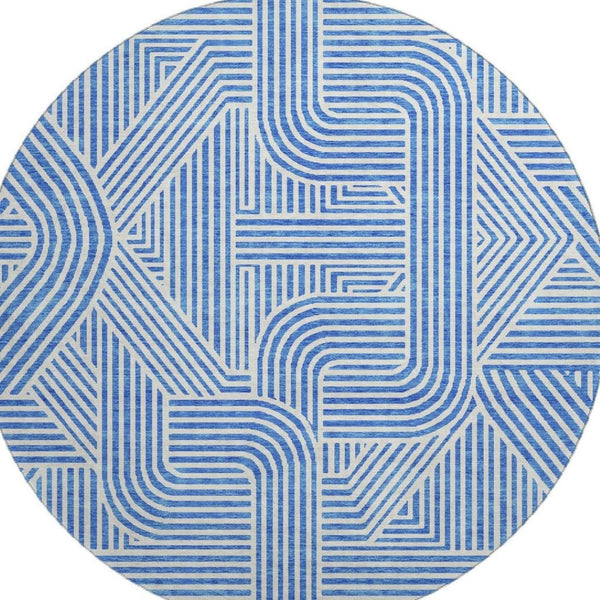HomeRoots 8' Washable Round Rug in Blue and Ivory - Modern Abstract Design with UV Protection for Easy Care 672890