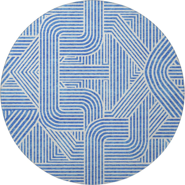 HomeRoots 8' Washable Round Rug in Blue and Ivory - Modern Abstract Design with UV Protection for Easy Care 672890