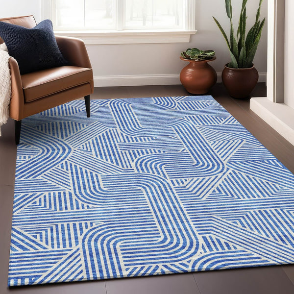 HomeRoots 10' X 14' Blue And Ivory Abstract Geometric Area Rug - Washable, UV Protected, Stain Resistant Comfort 672893