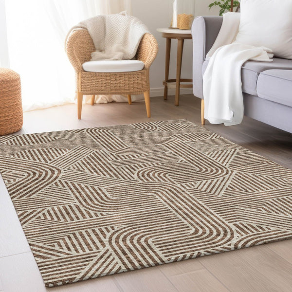 HomeRoots 5' X 8' Brown and Ivory Abstract Geometric Area Rug – Durable, Washable, UV-Protected & Stain-Resistant! 672895