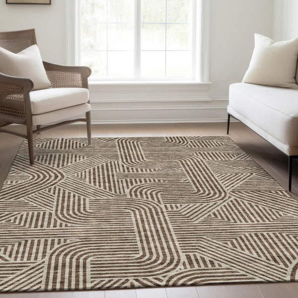 HomeRoots 5' X 8' Brown and Ivory Abstract Geometric Area Rug – Durable, Washable, UV-Protected & Stain-Resistant! 672895