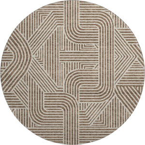 HomeRoots 8' Brown and Ivory Abstract Geometric Round Rug - Washable, UV Protected, Stain Resistant for Modern Homes 672896