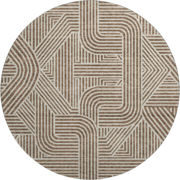 HomeRoots 8' Brown and Ivory Abstract Geometric Round Rug - Washable, UV Protected, Stain Resistant for Modern Homes 672896
