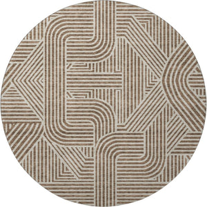 HomeRoots 8' Brown and Ivory Abstract Geometric Round Rug - Washable, UV Protected, Stain Resistant for Modern Homes 672896