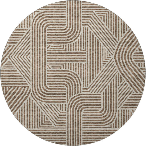 HomeRoots 8' Brown and Ivory Abstract Geometric Round Rug - Washable, UV Protected, Stain Resistant for Modern Homes 672896