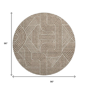 HomeRoots 8' Brown and Ivory Abstract Geometric Round Rug - Washable, UV Protected, Stain Resistant for Modern Homes 672896