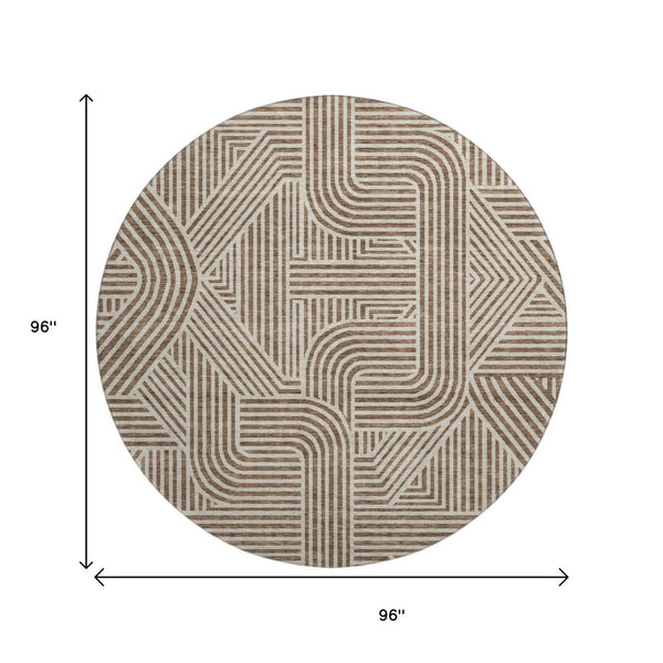 HomeRoots 8' Brown and Ivory Abstract Geometric Round Rug - Washable, UV Protected, Stain Resistant for Modern Homes 672896