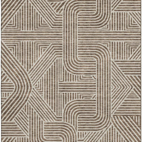 HomeRoots 9' X 12' Brown and Ivory Abstract Geometric Area Rug - Washable, UV-Protected, Stylish & Durable 672898