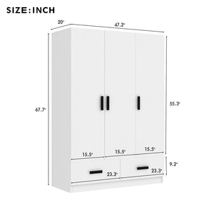 English Elm 3 Door Wardrobe Closet with Drawers, Shelves & Aluminum Rod — Durable MDF Pine, 47.2"L x 20"W x 67.7"H white GX001837AAK