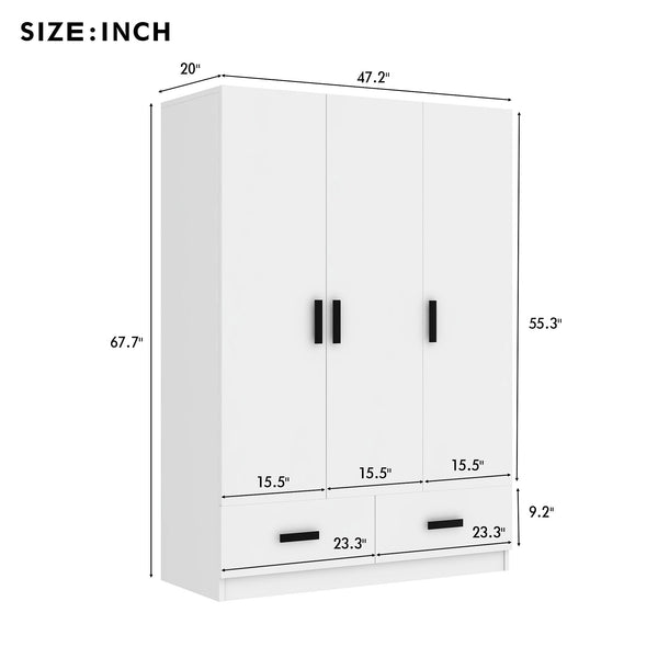 English Elm 3 Door Wardrobe Closet with Drawers, Shelves & Aluminum Rod — Durable MDF Pine, 47.2"L x 20"W x 67.7"H white GX001837AAK