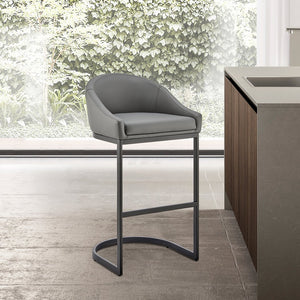 English Elm Ambrie Cantilever Bar Stool in Gray Faux Leather with Black Metal Frame, Durable 400lb Capacity B2736P354286