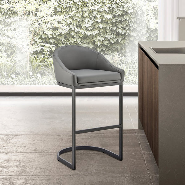 English Elm Ambrie Cantilever Bar Stool in Gray Faux Leather with Black Metal Frame, Durable 400lb Capacity B2736P354286