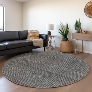 HomeRoots 8' Charcoal & Ivory Abstract Geometric Round Rug – Washable, UV-Protected, Ideal for Busy Homes! 672902