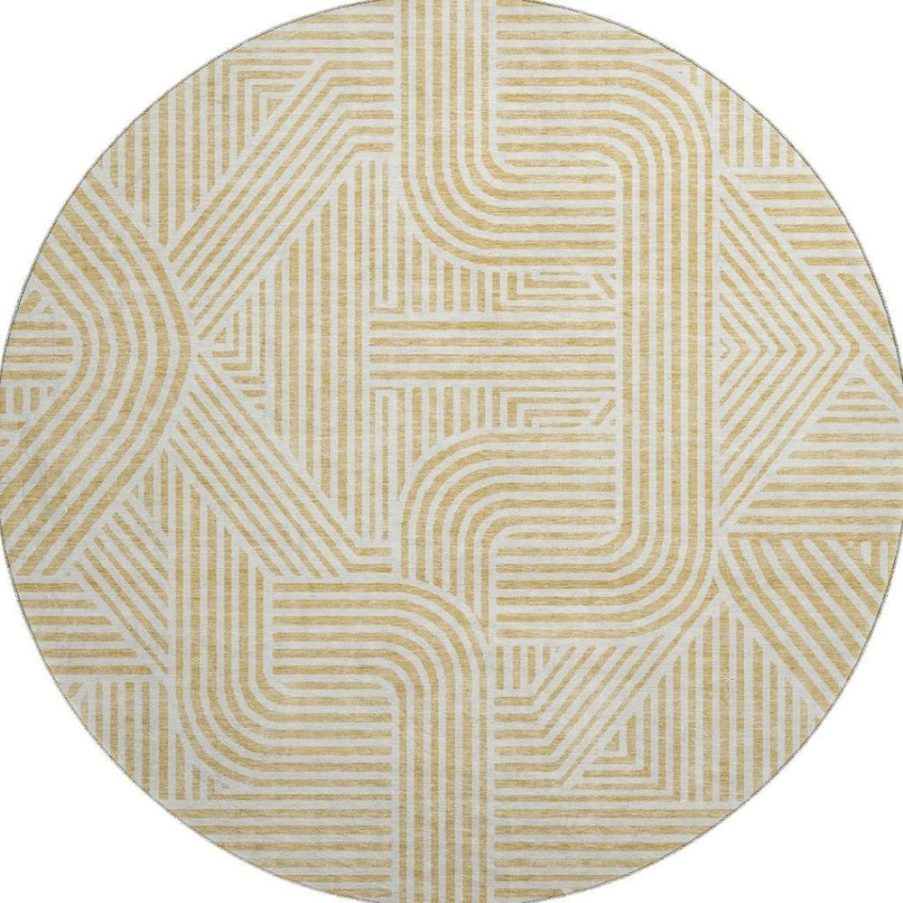 HomeRoots 8' Gold and Ivory Abstract Geometric Round Rug – Washable, UV Protected, Stylish for Modern Homes 672908