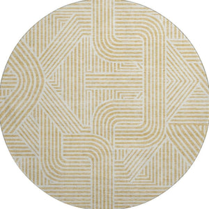HomeRoots 8' Gold and Ivory Abstract Geometric Round Rug – Washable, UV Protected, Stylish for Modern Homes 672908