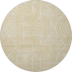 HomeRoots 8' Gold and Ivory Abstract Geometric Round Rug – Washable, UV Protected, Stylish for Modern Homes 672908