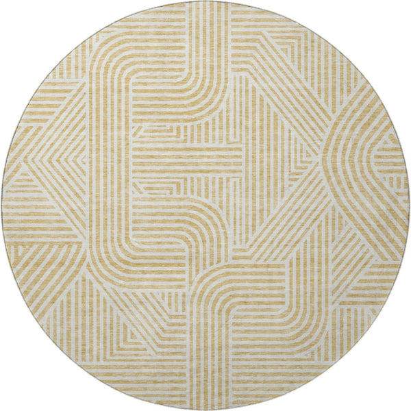 HomeRoots 8' Gold and Ivory Abstract Geometric Round Rug – Washable, UV Protected, Stylish for Modern Homes 672908