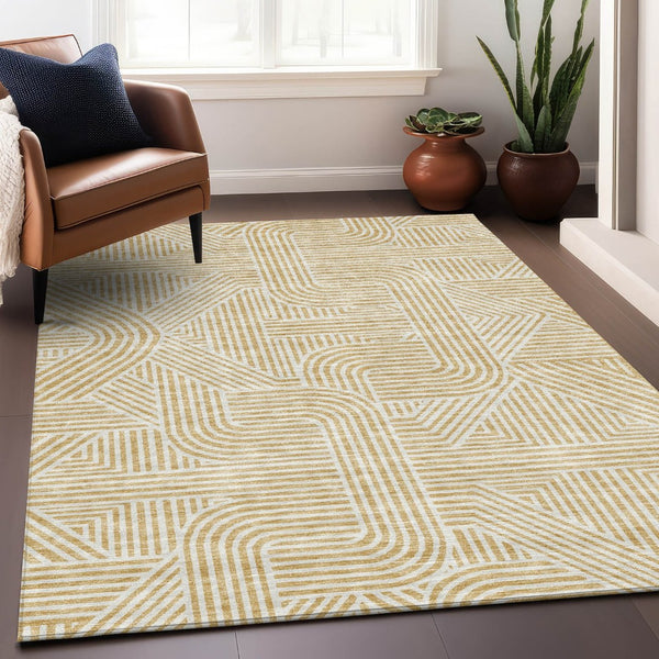 HomeRoots 8' X 10' Gold and Ivory Abstract Area Rug – Washable, UV Protected, Stain-Resistant for Busy Homes 672909