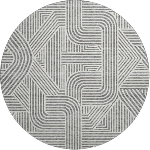 HomeRoots 8' Gray and Ivory Abstract Geometric Round Rug - Washable, UV Protected, Perfect for High-Traffic Areas 672914