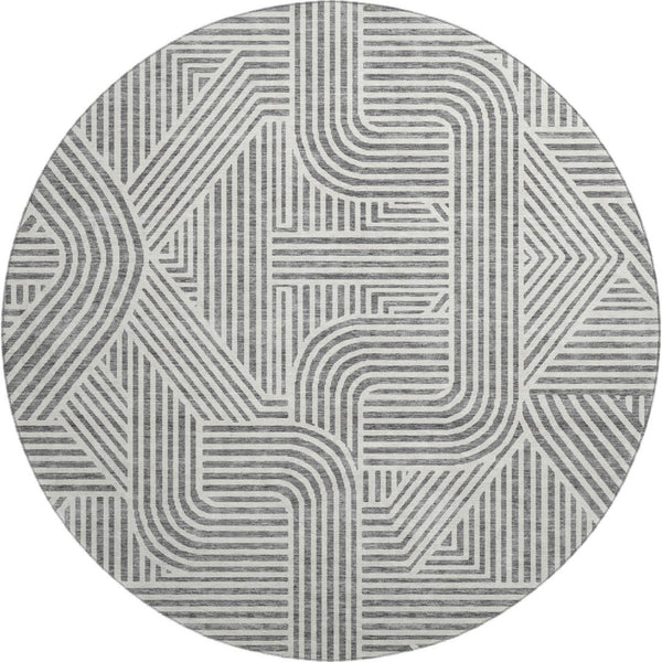 HomeRoots 8' Gray and Ivory Abstract Geometric Round Rug - Washable, UV Protected, Perfect for High-Traffic Areas 672914