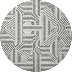 HomeRoots 8' Gray and Ivory Abstract Geometric Round Rug - Washable, UV Protected, Perfect for High-Traffic Areas 672914